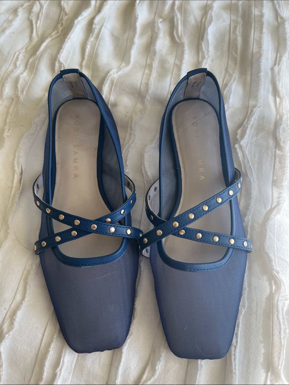 Yosi Samra Navy Blue Mesh Crisscross Studded Flats